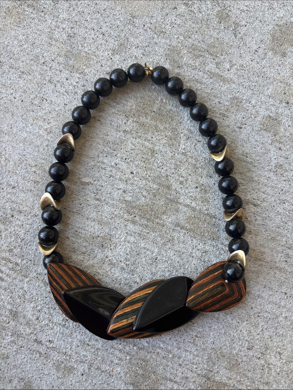 Vintage Black and Brown Striped Resin Wood Statement Necklace